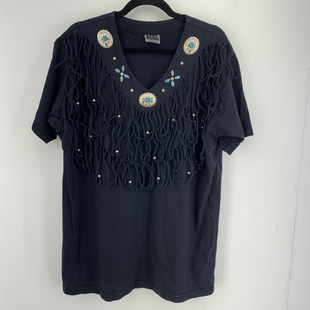 Spotlight Vintage 90s Western Fringe T-Shirt Black Concho Turquoise Cowgirl L